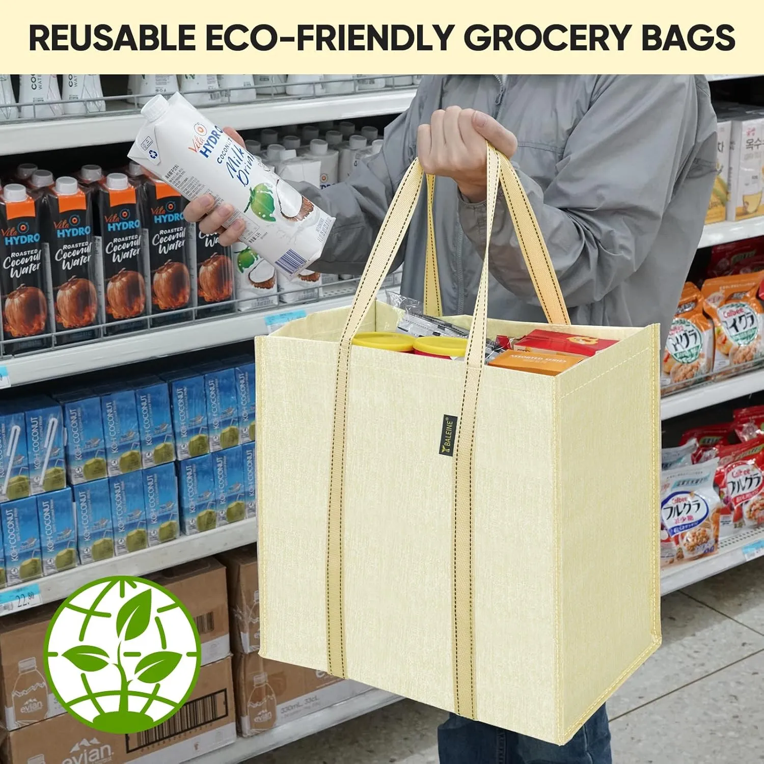 BALEINE 4 PK Grocery Bags Reusable Shopping Bags with Reinforced Bottom, Heavy Duty Foldable Tote Bags (Beige)