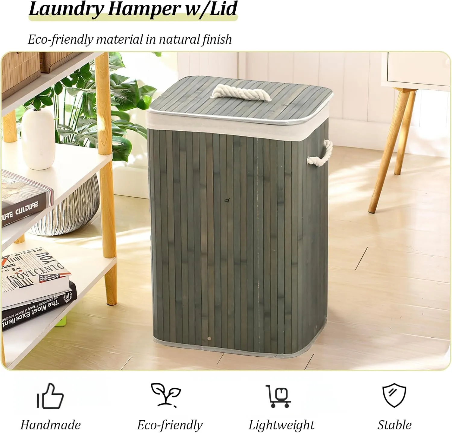 Bamboo Laundry Hamper with Lid, 72L Clothes Hamper with Removable Liner Bags & Rope Handles, Foldable Laundry Basket for Bathroom, Laundry Room, Bedroom, Small Spaces, Grey