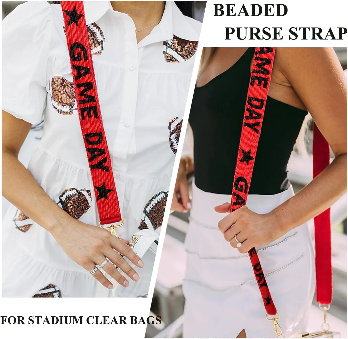 Beaded Purse Strap Football Game Day Purse Strap Stadium Clear Handbag Replacement Straps Red Black Crossbody Bag Strap Football Accessories Game Day Outfits (Red Black)