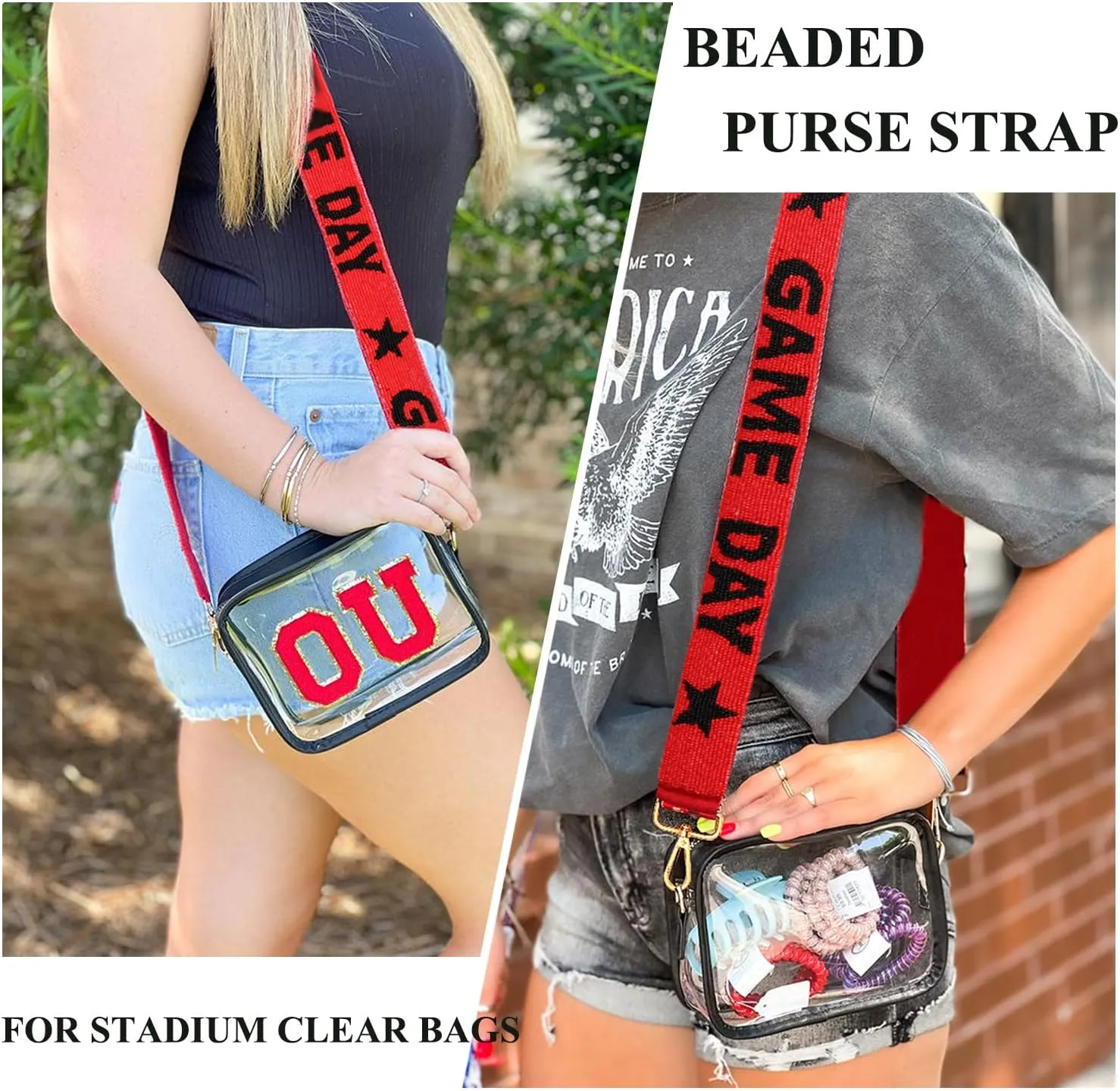 Beaded Purse Strap Football Game Day Purse Strap Stadium Clear Handbag Replacement Straps Red Black Crossbody Bag Strap Football Accessories Game Day Outfits (Red Black)