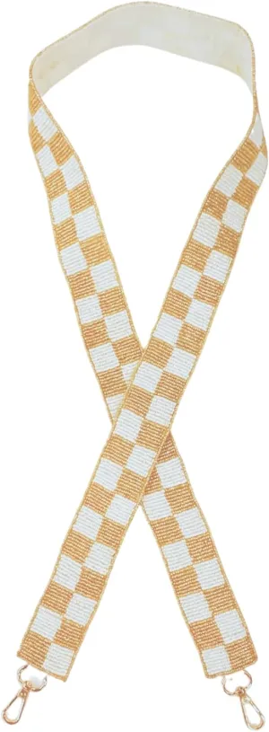 Beaded Purse Strap Tan Gold and White Checkered | 49” Long Concert Outfit for Clear Bags College Game day Gold Clips