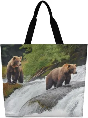 Bears Fishing in River Tote Bag Large Women Casual Shoulder Bag Reusable Grocery Bag Fasion Handbag for Office Shopping Travel