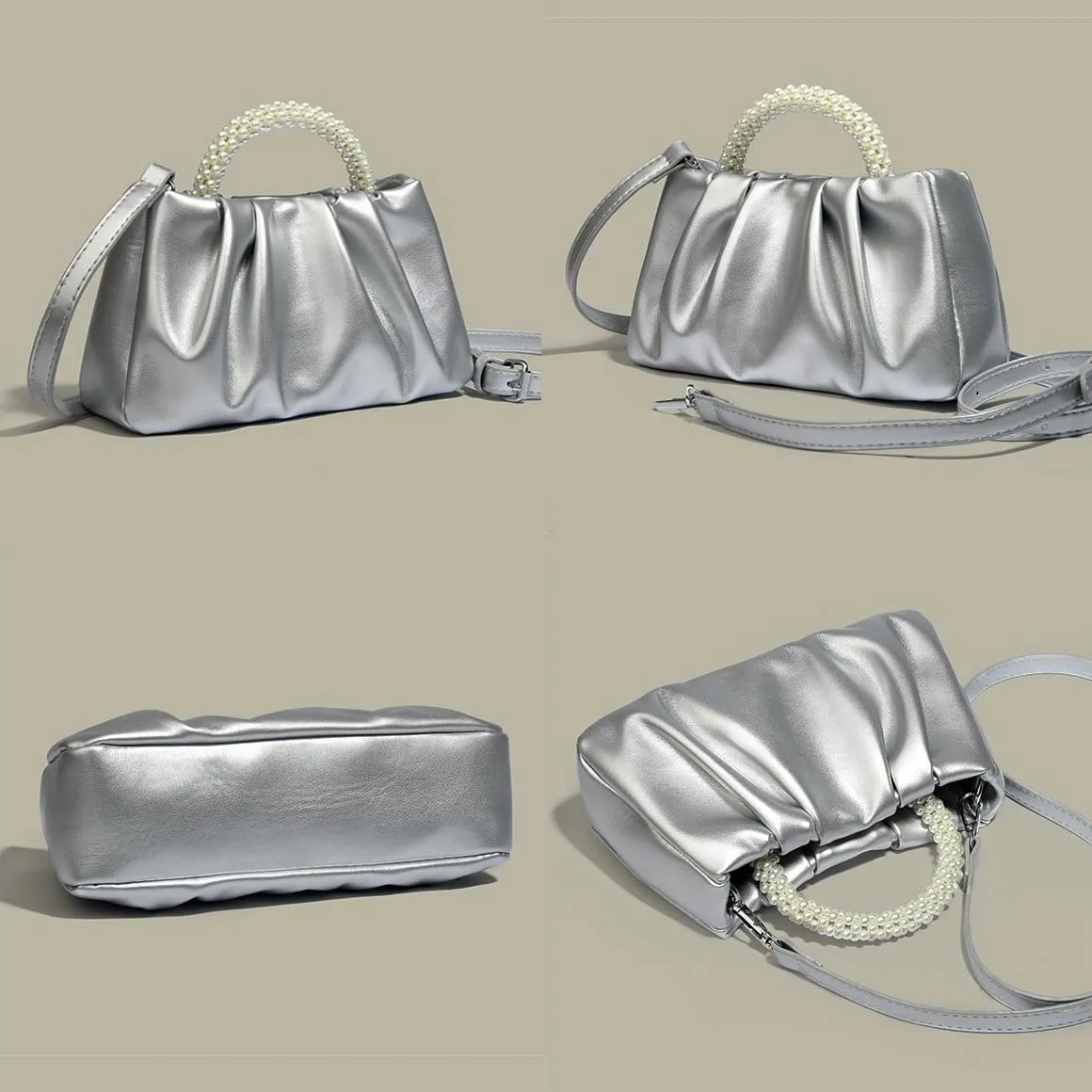 Beatfull Evening Purse Women Small Pearl Handbags Soft Leather Ruched Bag Wedding Bridal Clutch Party Prom Crossbody Purses