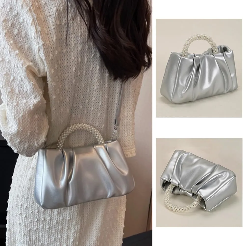 Beatfull Evening Purse Women Small Pearl Handbags Soft Leather Ruched Bag Wedding Bridal Clutch Party Prom Crossbody Purses
