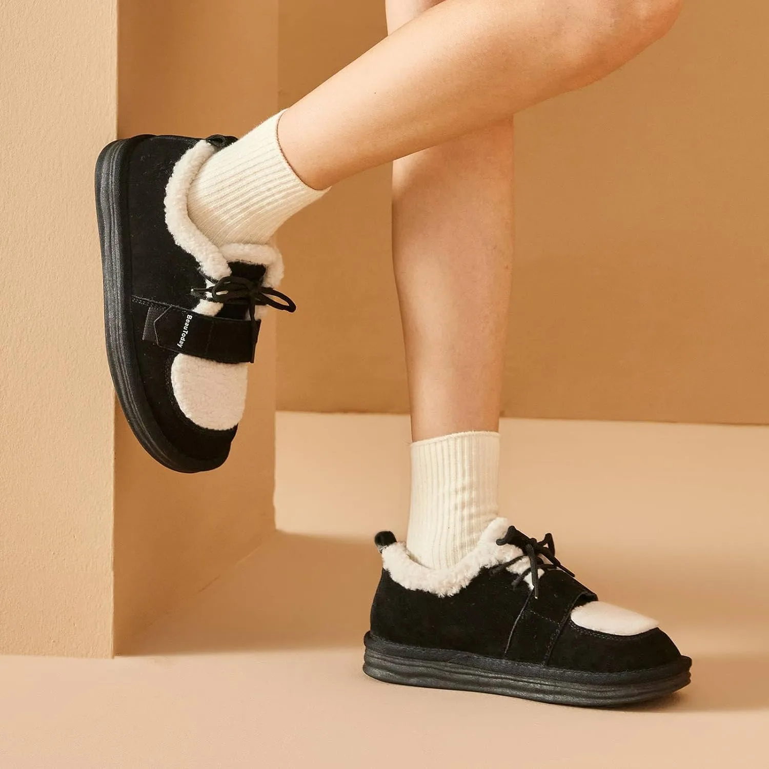BEAU TODAY Snow Sneakers for Women, Suede Platform Sneakers Womens Warm Fur Lined Fashion Sneakers Slip-on Comfortable Winter Flat Shoes