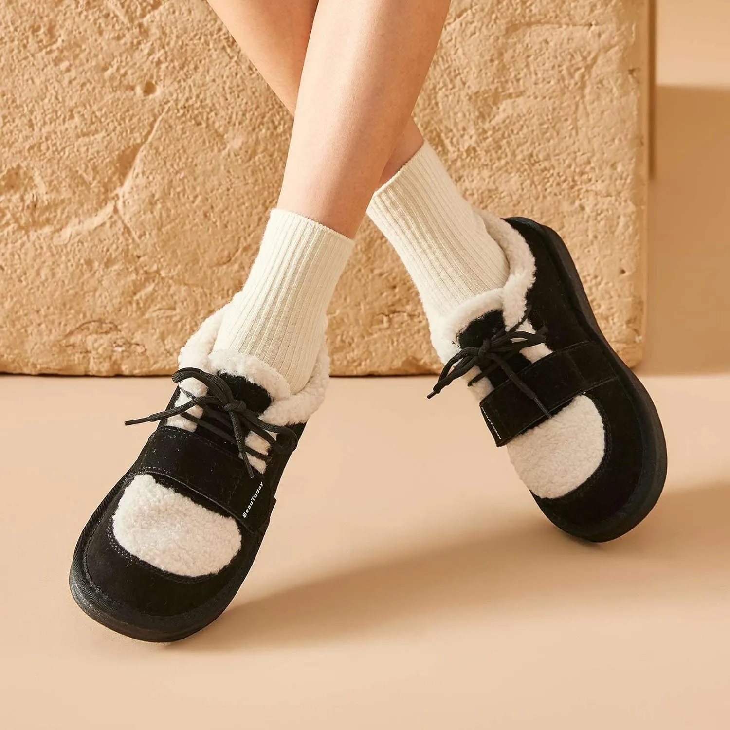 BEAU TODAY Snow Sneakers for Women, Suede Platform Sneakers Womens Warm Fur Lined Fashion Sneakers Slip-on Comfortable Winter Flat Shoes