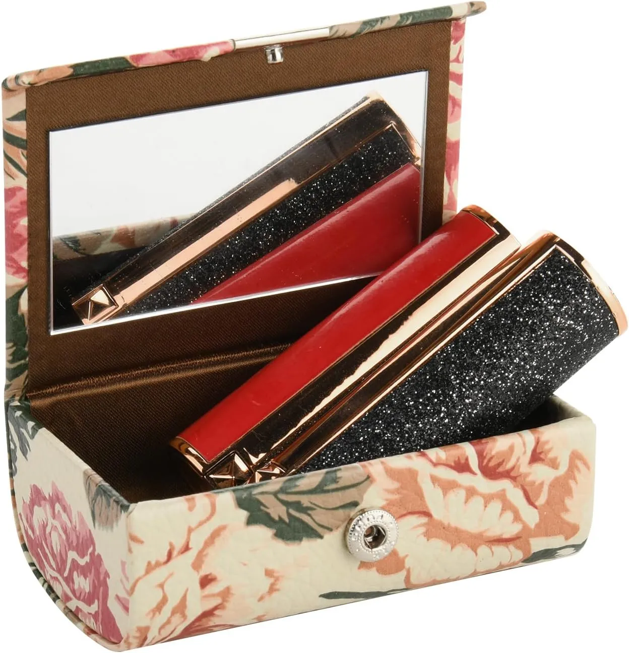 Beautyflier Large Lipstick Case with Mirror, Women’s PU Leather Lip Balm Holder for Purse, Rectangle Makeup Travel Cases, Women's Portable Lipstick Pouch Travel Cosmetic Box, White Flowers