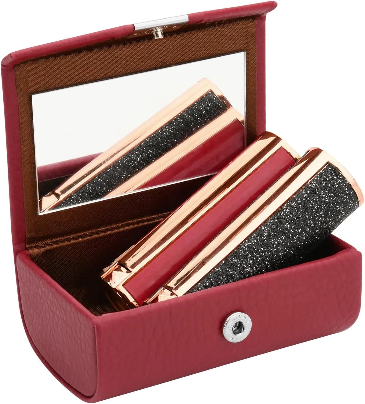 Beautyflier Large Lipstick Case with Mirror, Women’s PU Leather Lipstick Case Holder for Purse with Mirror Rectangle Makeup Travel Cases, Women's Portable Lipstick Pouch Travel Cosmetic Case (Red)