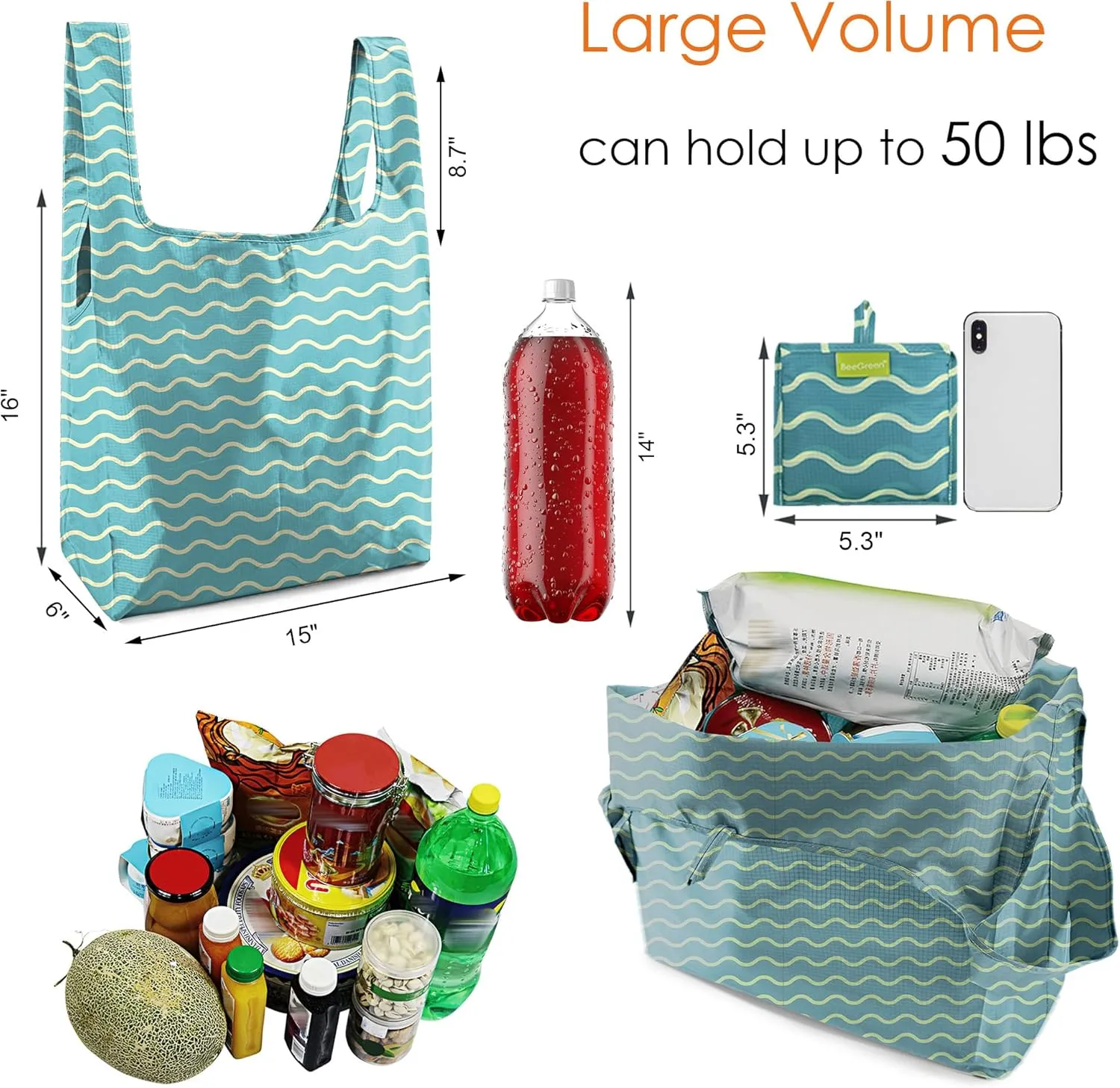 BeeGreen Wave Reusable Shopping Bags Foldable 2 Pack Ripstop, Geometric Reusable Grocery Bags X-Large 50LBS Heavy Duty, Polyester Machine Washable Reusable Bags for Groceries