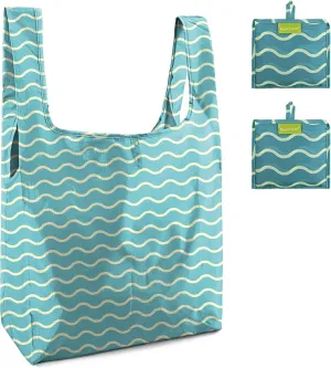 BeeGreen Wave Reusable Shopping Bags Foldable 2 Pack Ripstop, Geometric Reusable Grocery Bags X-Large 50LBS Heavy Duty, Polyester Machine Washable Reusable Bags for Groceries