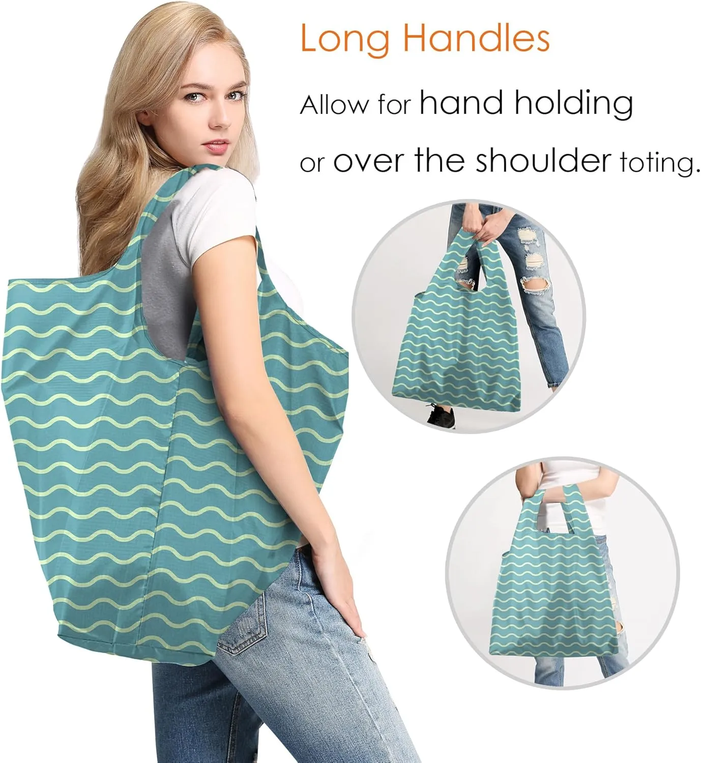 BeeGreen Wave Reusable Shopping Bags Foldable 2 Pack Ripstop, Geometric Reusable Grocery Bags X-Large 50LBS Heavy Duty, Polyester Machine Washable Reusable Bags for Groceries