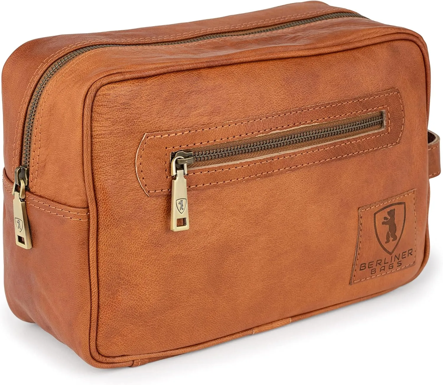 BERLINER BAGS Vintage Genuine Leather Toiletry Bag Paul, Large Capacity Cosmetics Bag for Men and Women for Travel - Brown (1 Compartment)