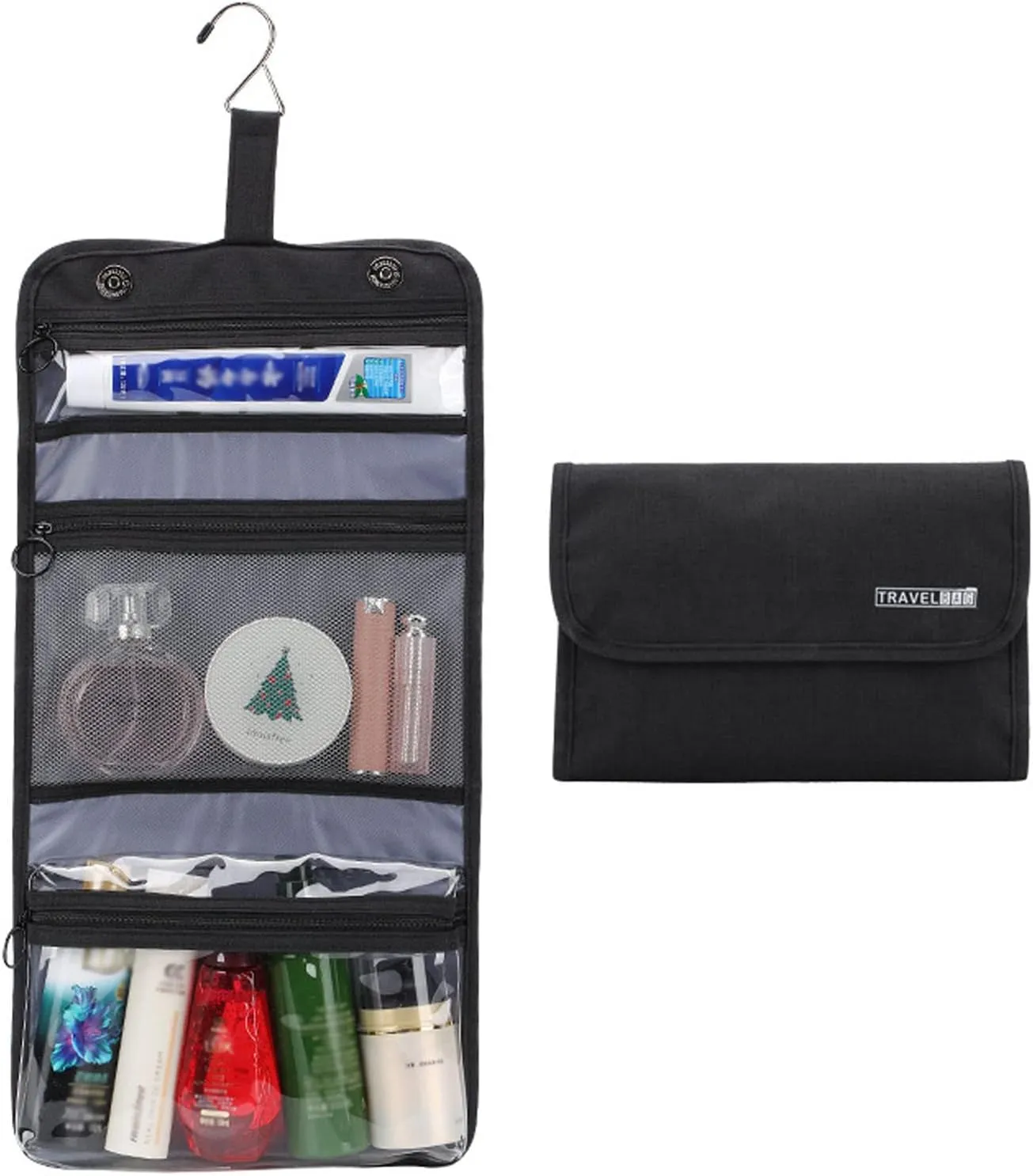 Big Hippo Toiletry Bag, Hanging Toiletry Travel Organizer Travel Bag for Men & Women, Water-resistant Makeup Cosmetic Bag (Black)