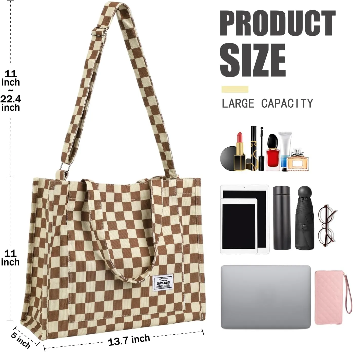 BINSUNS Corduroy Tote Bag for Women Small Satchel Bag Mini Tote Bag Aesthetic Crossbody Handbag - School Work Travel Shopping