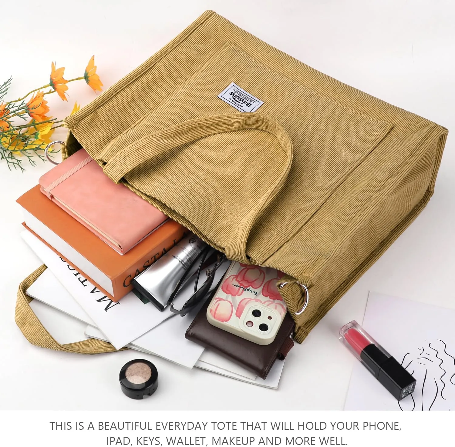 BINSUNS Corduroy Tote Bag for Women Small Satchel Bag Mini Tote Bag Aesthetic Crossbody Handbag - School Work Travel Shopping