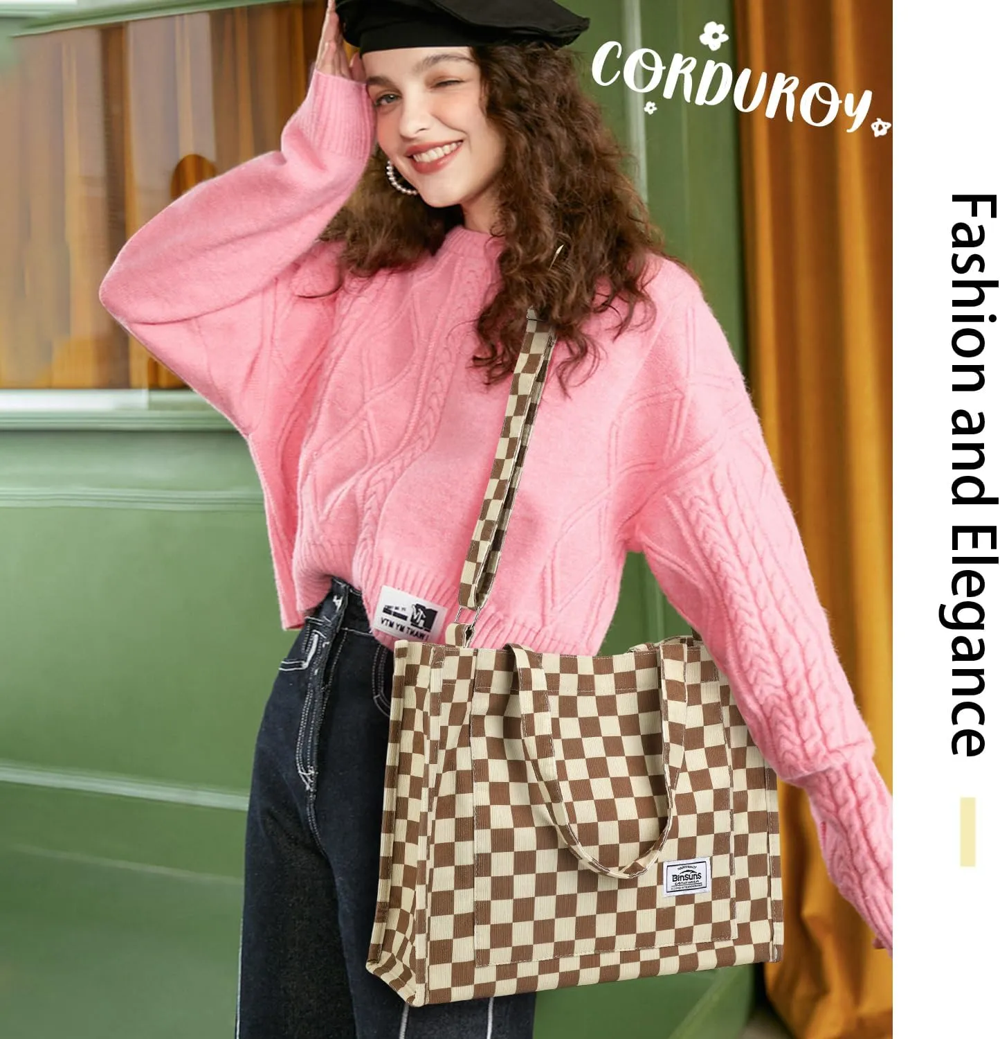 BINSUNS Corduroy Tote Bag for Women Small Satchel Bag Mini Tote Bag Aesthetic Crossbody Handbag - School Work Travel Shopping