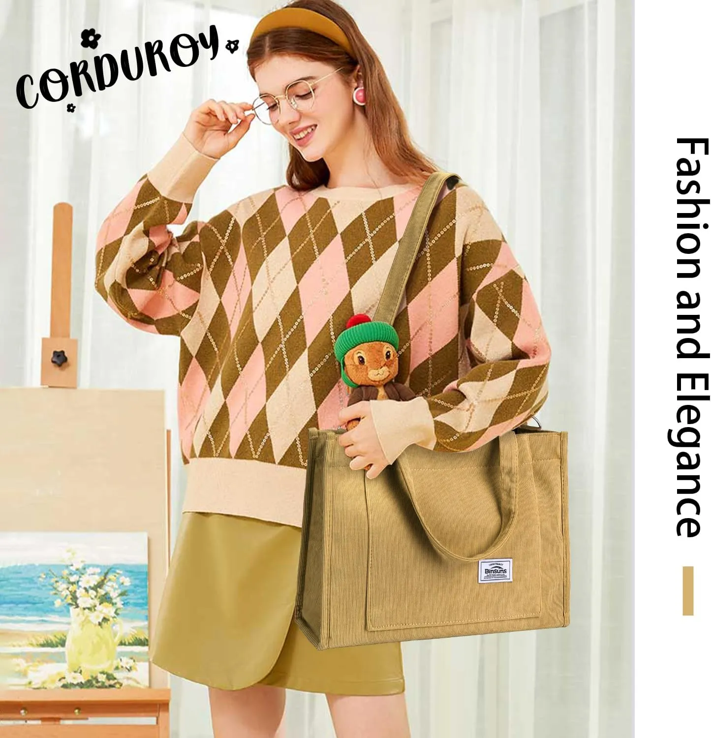 BINSUNS Corduroy Tote Bag for Women Small Satchel Bag Mini Tote Bag Aesthetic Crossbody Handbag - School Work Travel Shopping