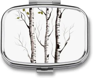 Birch Tree Pill Box 2 Compartment Medicine Pill Case Portable Square Travel Pill Kit Vitamin Holder for Men Women