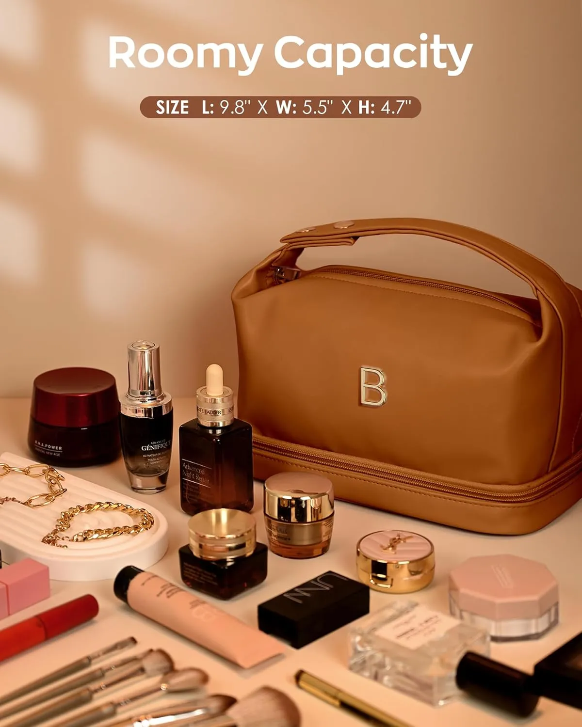 Birthday Gifts for 11 12 13 14 15 16 17 18 Year Old Girls Gifts, Travel Makeup Bag with Handle, Initial Double Layer Cosmetic Bag with Makeup Brush Organizer, Cute Cosmetic Pouch for Women