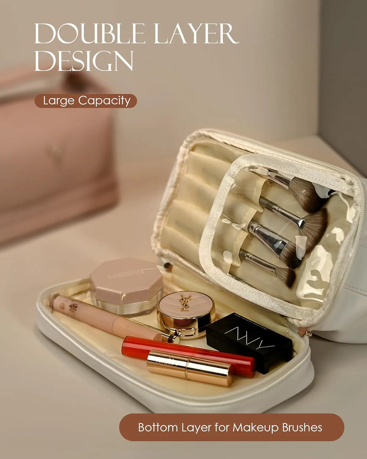 Birthday Gifts for 11 12 13 14 15 16 17 18 Year Old Girls Gifts, Travel Makeup Bag with Handle, Initial Double Layer Cosmetic Bag with Makeup Brush Organizer, Cute Cosmetic Pouch for Women