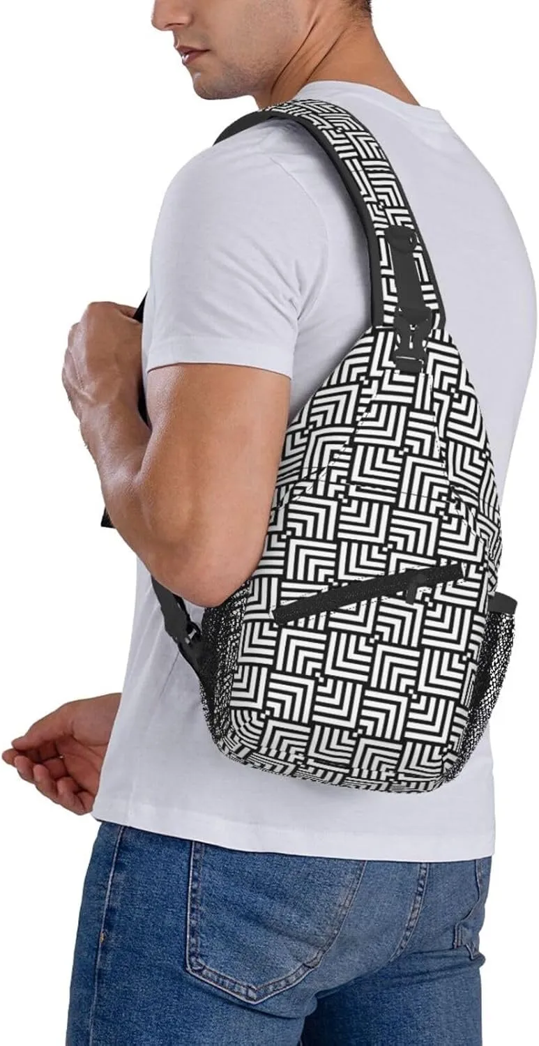 Black Abstract Geometric Chest Sling Bag Crossbody Shoulder Backpack Bag Gym Cycling Daypack Travel Hiking Cross Bag