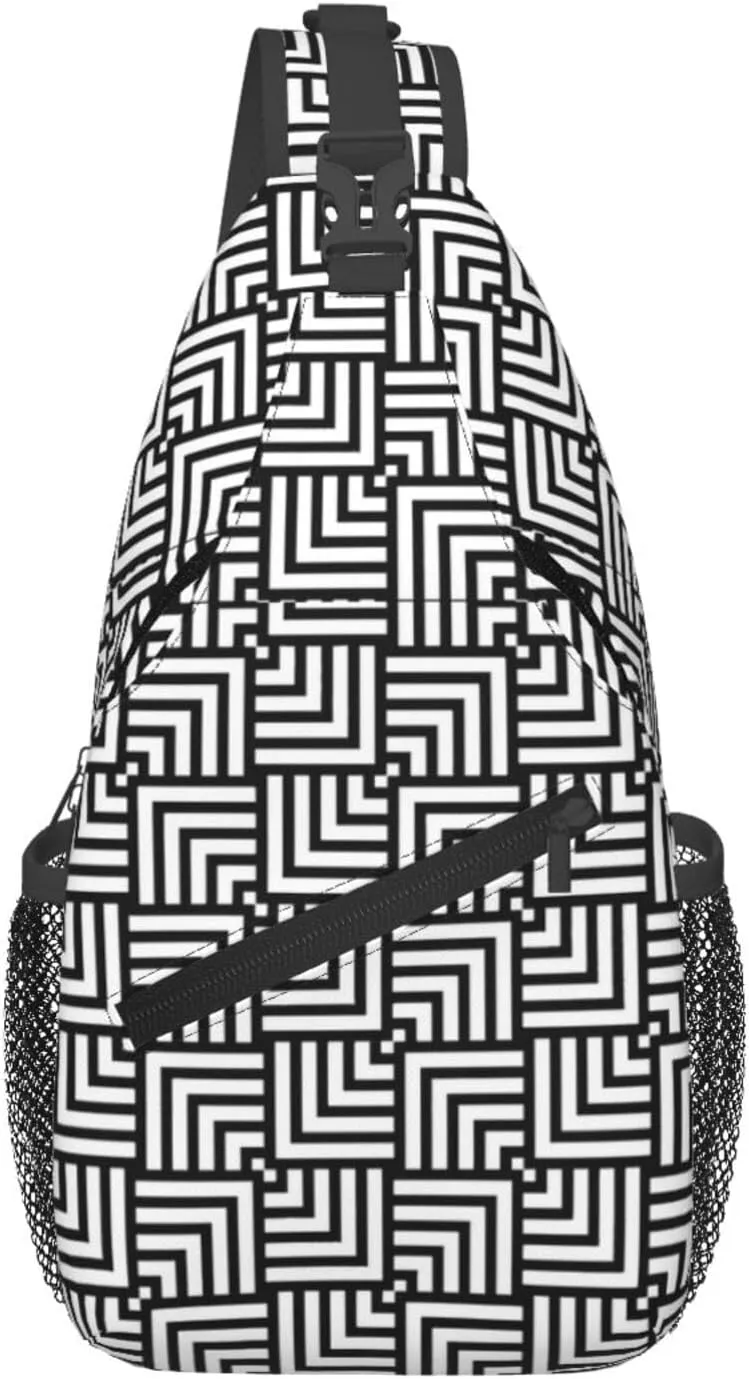 Black Abstract Geometric Chest Sling Bag Crossbody Shoulder Backpack Bag Gym Cycling Daypack Travel Hiking Cross Bag
