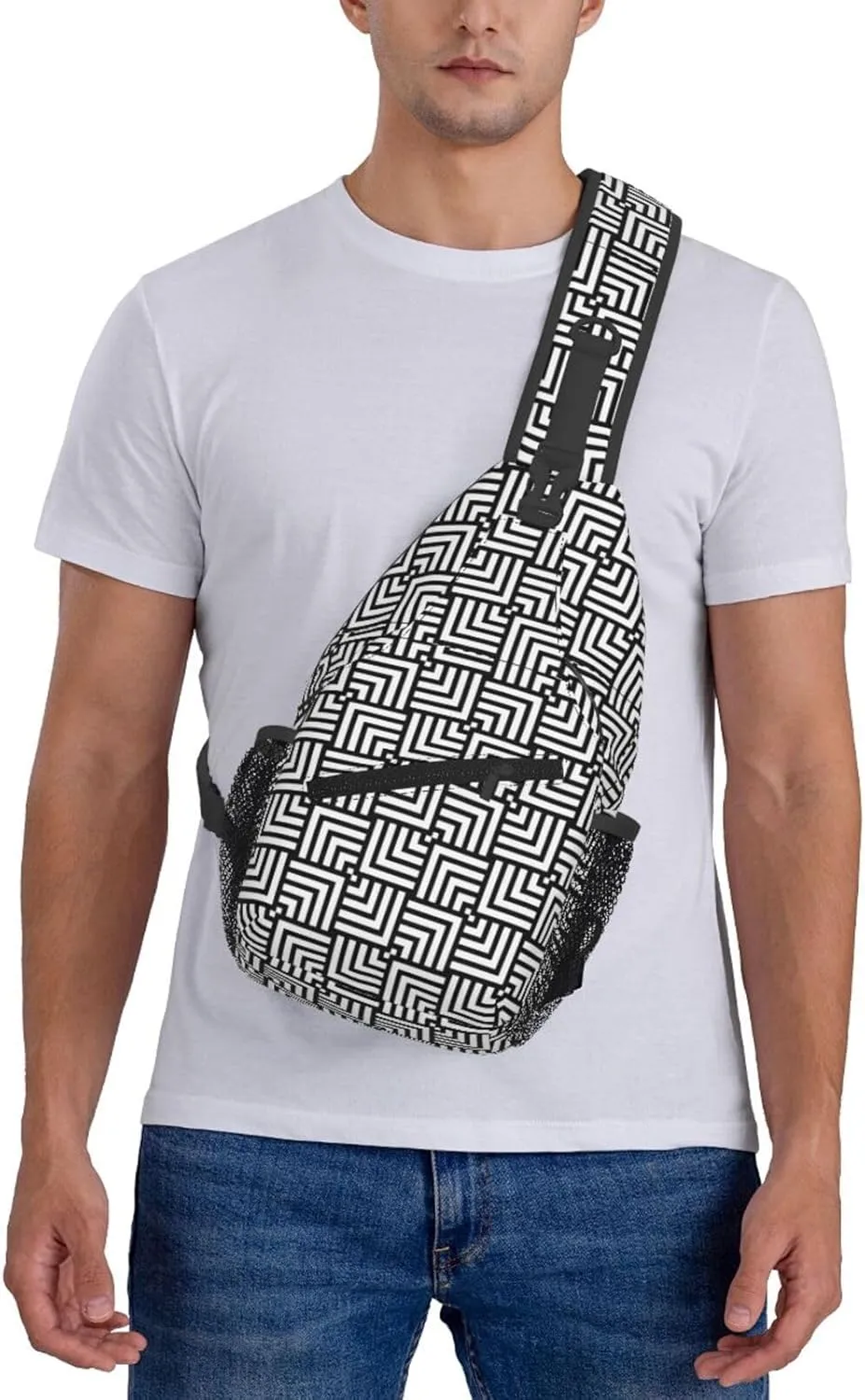 Black Abstract Geometric Chest Sling Bag Crossbody Shoulder Backpack Bag Gym Cycling Daypack Travel Hiking Cross Bag