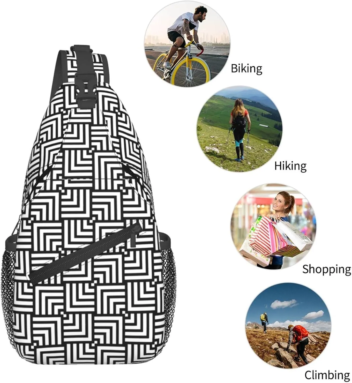 Black Abstract Geometric Chest Sling Bag Crossbody Shoulder Backpack Bag Gym Cycling Daypack Travel Hiking Cross Bag