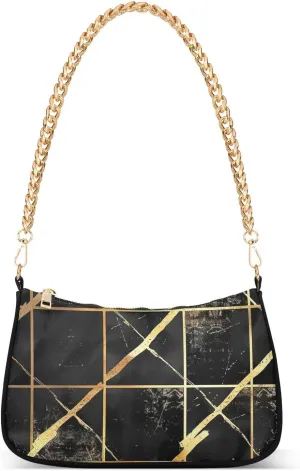 Black and Gold Plaid Geometric Lines chain leather crossbody purse with multi pockets handbags for women for adult