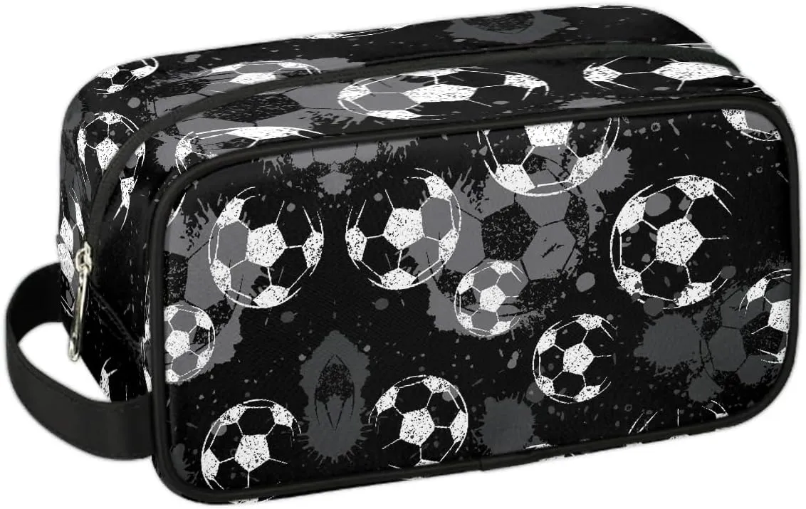 Black Soccer Travel Toiletry Bag for Boys Men, Football Hanging Dopp Kit for Kids, Waterproof Shaving Bag for Toiletries Accessories