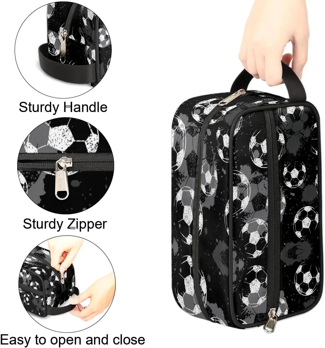 Black Soccer Travel Toiletry Bag for Boys Men, Football Hanging Dopp Kit for Kids, Waterproof Shaving Bag for Toiletries Accessories
