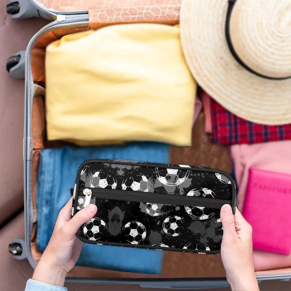 Black Soccer Travel Toiletry Bag for Boys Men, Football Hanging Dopp Kit for Kids, Waterproof Shaving Bag for Toiletries Accessories