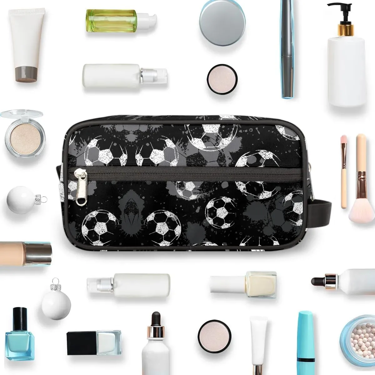 Black Soccer Travel Toiletry Bag for Boys Men, Football Hanging Dopp Kit for Kids, Waterproof Shaving Bag for Toiletries Accessories