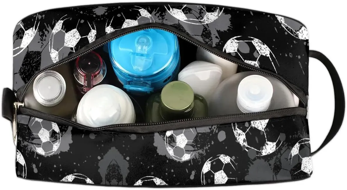 Black Soccer Travel Toiletry Bag for Boys Men, Football Hanging Dopp Kit for Kids, Waterproof Shaving Bag for Toiletries Accessories