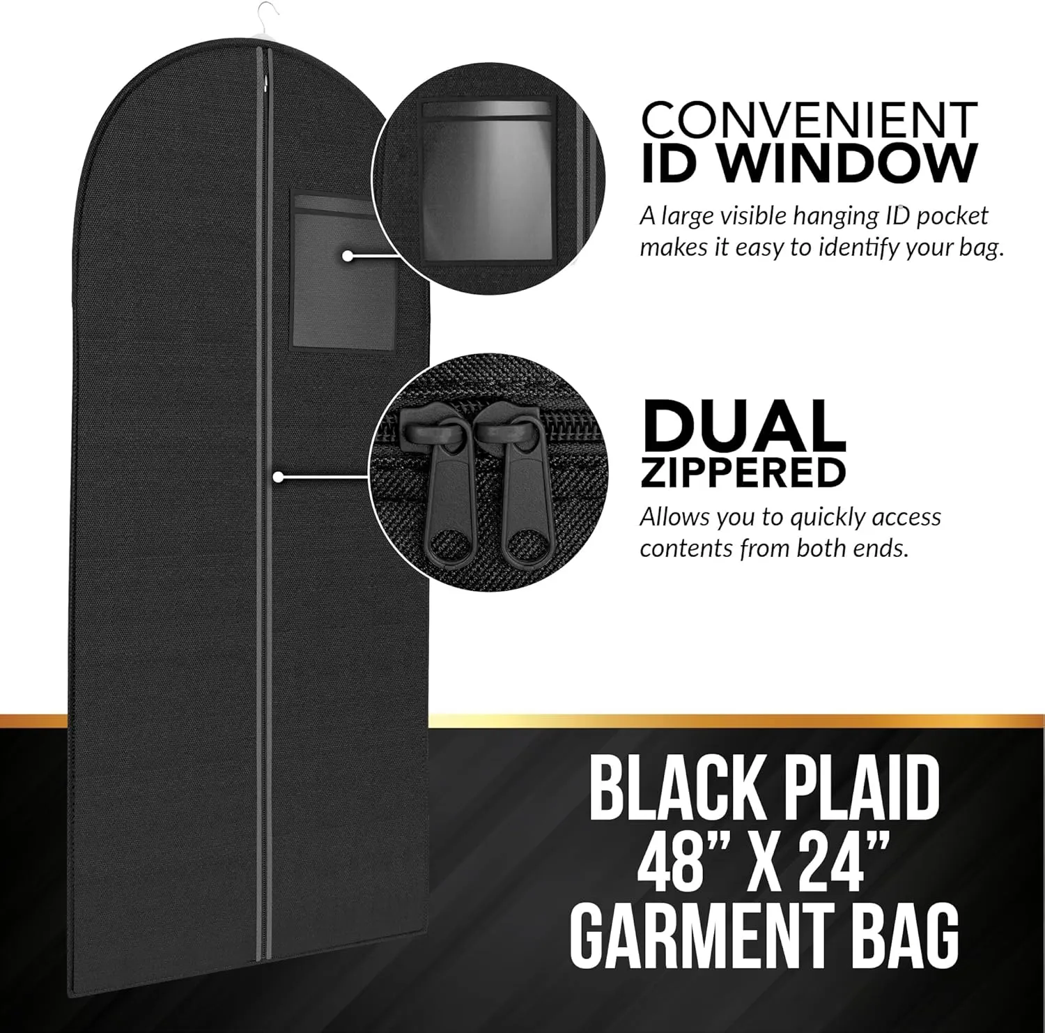 Black Tartan Suit Garment Travel Bags -ID Tag Window, Heavy Duty, Lightweight