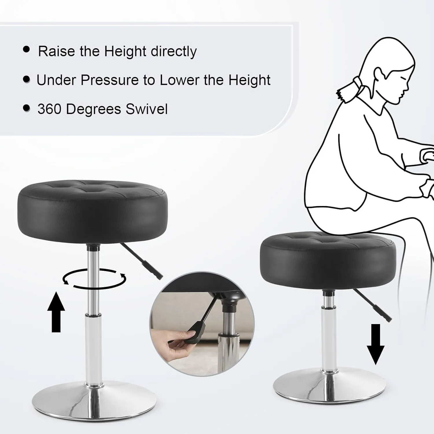Black Vanity Chair for Makeup Room Vanity Stool for Makeup Room Round Tufted PU Leather Makeup Chair Vanity Stools for Bathroom Height Adjustable 360 Swivel