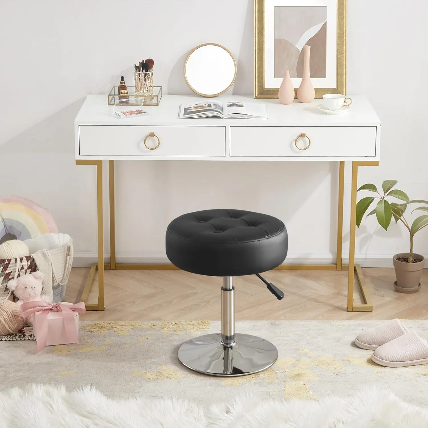 Black Vanity Chair for Makeup Room Vanity Stool for Makeup Room Round Tufted PU Leather Makeup Chair Vanity Stools for Bathroom Height Adjustable 360 Swivel