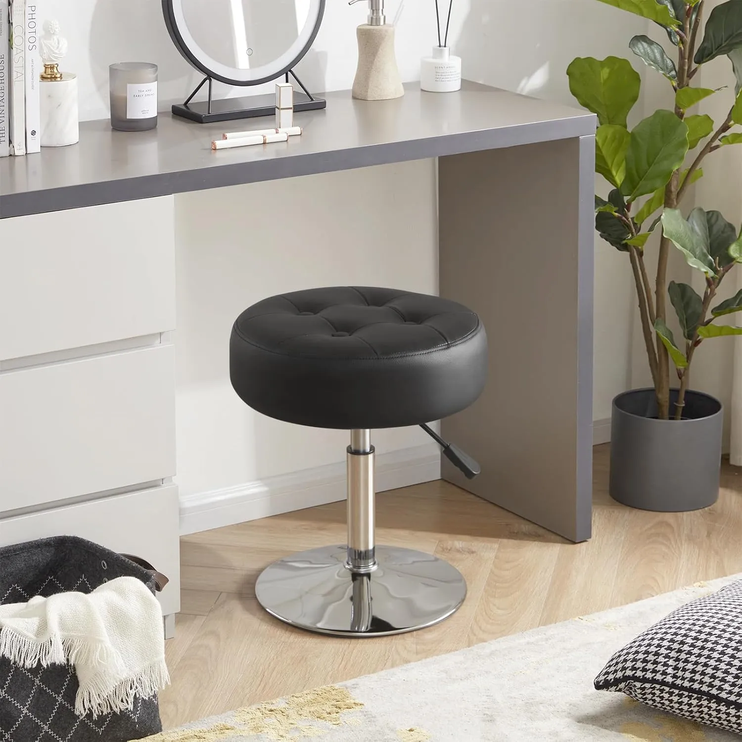 Black Vanity Chair for Makeup Room Vanity Stool for Makeup Room Round Tufted PU Leather Makeup Chair Vanity Stools for Bathroom Height Adjustable 360 Swivel