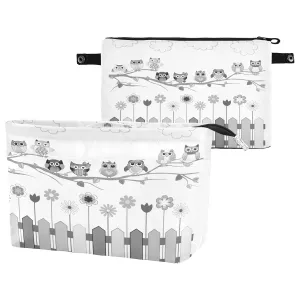 Black White Owls on a Branch Cloud over Fence with Flowers Women Cosmetic Storage Handbag Case Portable Coin Purse, Makeup Bag Toiletry Handbag Organizer, Large Ladies Pouch Holder L