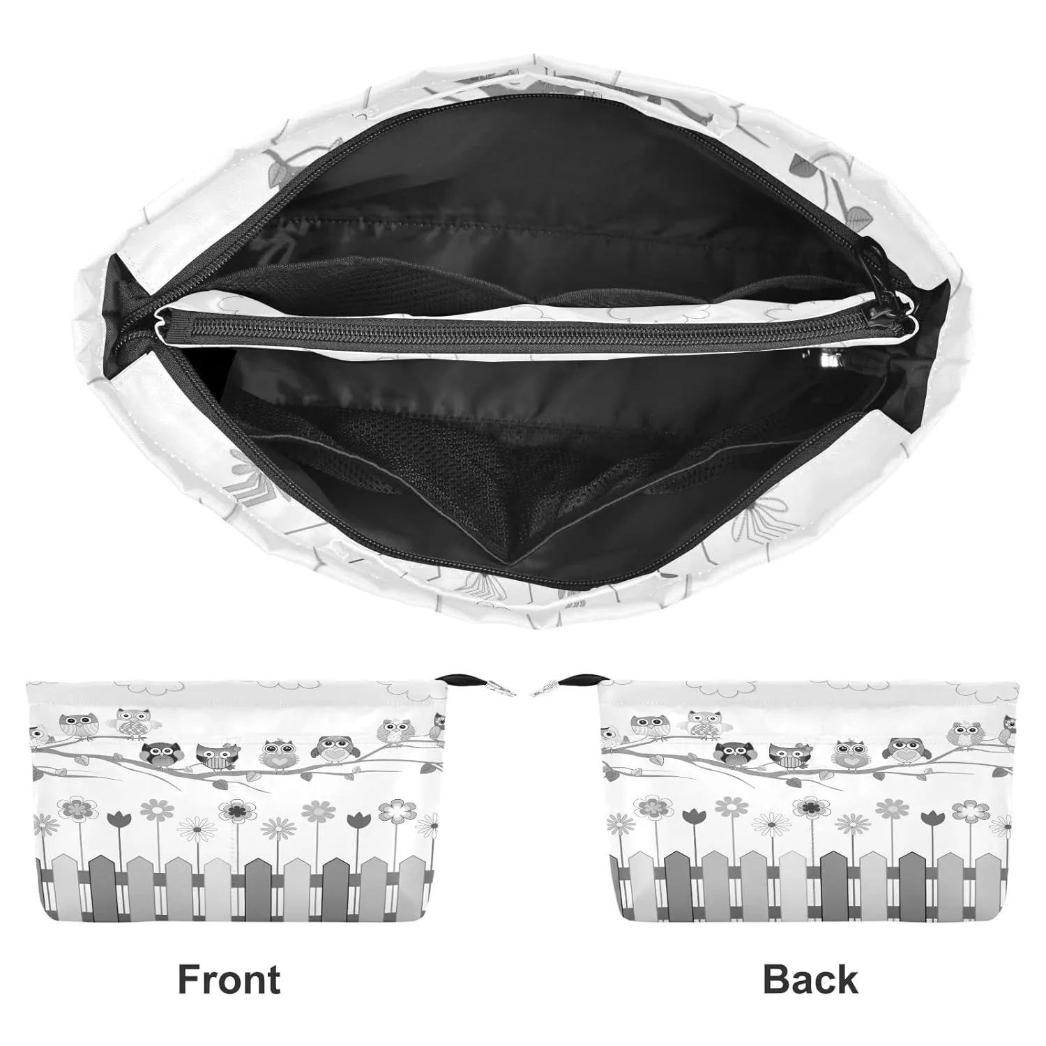 Black White Owls on a Branch Cloud over Fence with Flowers Women Cosmetic Storage Handbag Case Portable Coin Purse, Makeup Bag Toiletry Handbag Organizer, Large Ladies Pouch Holder L
