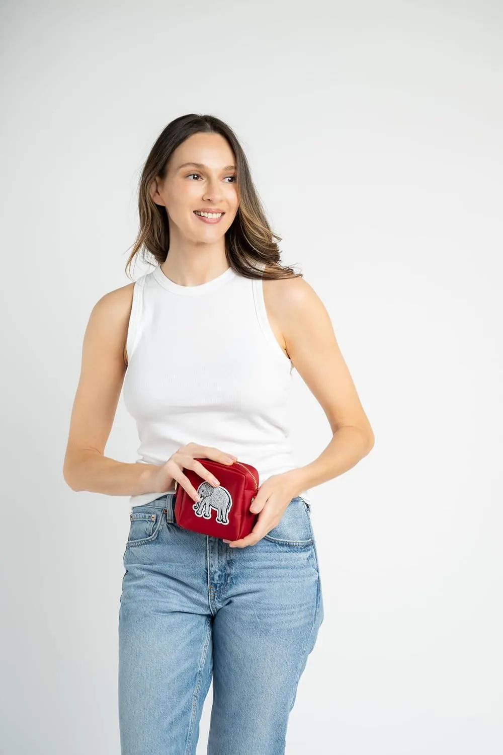 BLOC Bags Mini Crossbody Bags for Women Purse, Crimson Handbag Stadium Bag with Chenille Characters, Internal Zipper Pocket
