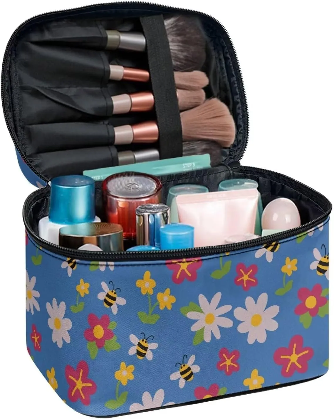 Blue Bee Floral Travel Toiletry Bag Women's Makeup Organizer Floral Cosmetic Bags Travel Makeup Cases for Women, Xmas Gifts for Mom from Daughter