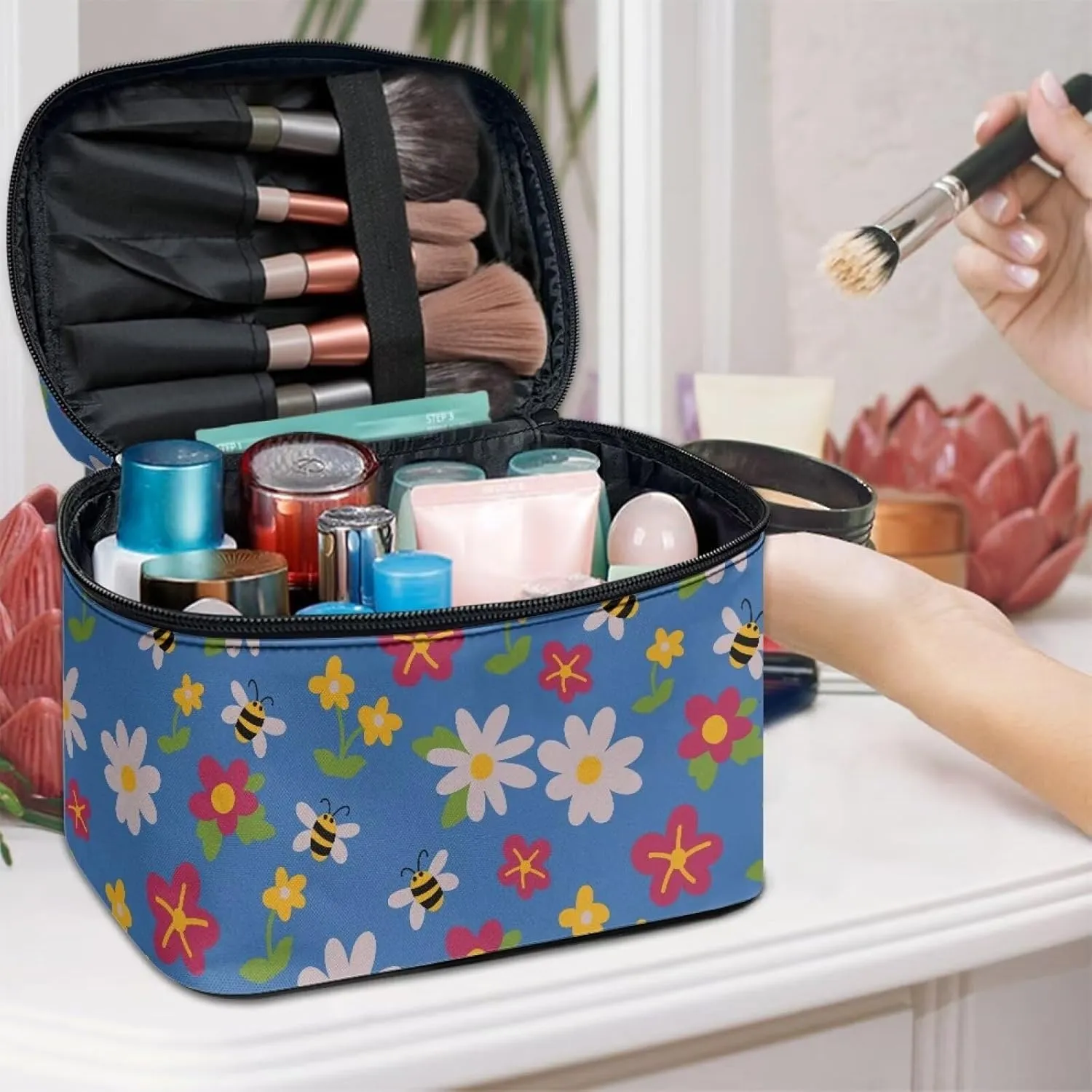 Blue Bee Floral Travel Toiletry Bag Women's Makeup Organizer Floral Cosmetic Bags Travel Makeup Cases for Women, Xmas Gifts for Mom from Daughter