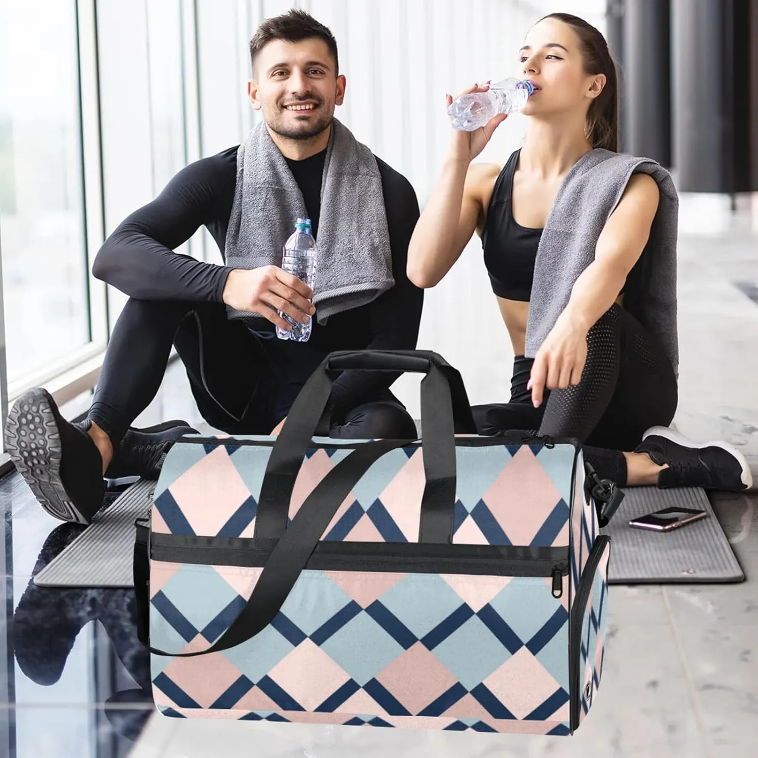 Bohemian Gym Bag for Womens Mens with Shoes Compartment, Lattice Texture Duffle Bag for Airplane Sport Gym Tote Bags Yoga Waterproof Weekender Travel Bag