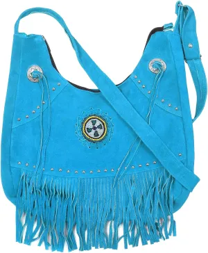 Bohemian Leather Fringe Crossbody Purse with Beaded Medallion