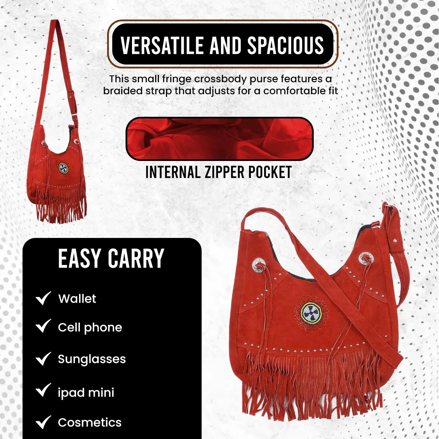 Bohemian Leather Fringe Crossbody Purse with Beaded Medallion