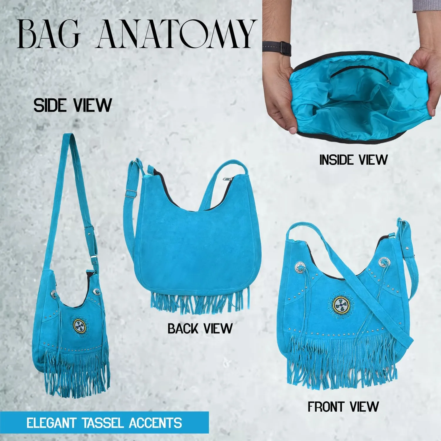 Bohemian Leather Fringe Crossbody Purse with Beaded Medallion