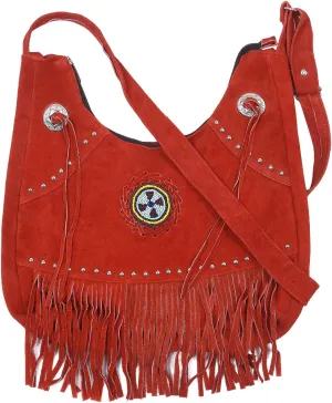Bohemian Leather Fringe Crossbody Purse with Beaded Medallion
