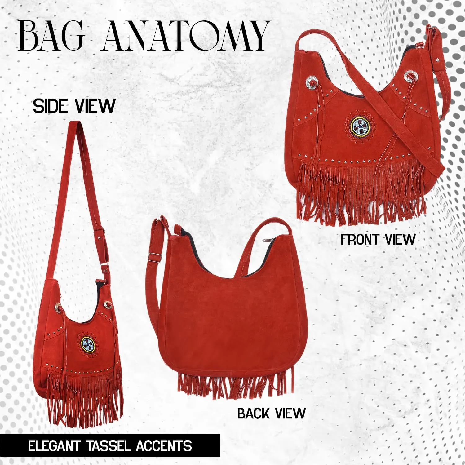 Bohemian Leather Fringe Crossbody Purse with Beaded Medallion