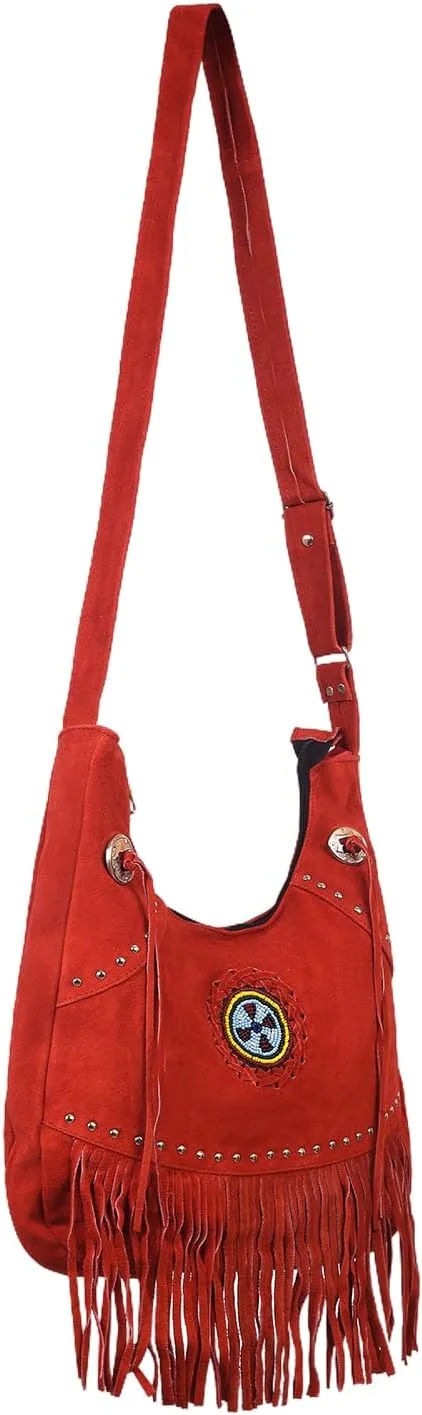 Bohemian Leather Fringe Crossbody Purse with Beaded Medallion